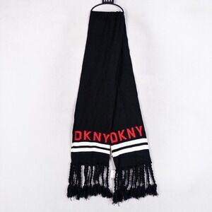 DKNY Women Scarf One Size Black Red Logo Knit Braided Tassel Fringe Winter NEW